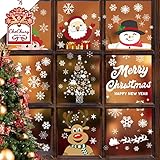 CheChury Weihnachten Fensterdeko Fensterbilder Weihnachten Selbstklebend Fensteraufkleber Schneeflocken Fensterbild Statisch Haftende PVC Weihnachtsmann Elch Schneeflocke Weihnachten Winter Dek