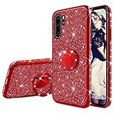 Misstars Glitzer Hülle für Huawei P30 Pro Rot, Bling Strass Diamant Weiche TPU Silikon Handyhülle Anti-Rutsch Kratzfest Schutzhülle mit 360 Grad Ring Ständer für Huawei P30