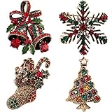 Petalum Weihnachtsdeko Brosche Weihnachtsmann Weihnachtsbrosche Vintage Anstecknadel Pins Kristall Strass Schmuck Schneemann Schneeflocken Rentier Bell Sicherheitsnadel Modeschmuck (One size, 4pcs)