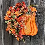 Orange Big Pumpkin Hydrangea Wreath Front Door, künstlicher Herbst Kranz, Ahornkranz für Haustür Ahornblatt Türkranz mit Kürbis für Halloween das Erntedankfest Innen- oder Außenanordnung Dek