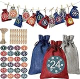 HOMEK 24Stücke Geschenkbeutel Jutesäckchen Bastelset für Urlaubs Party, Geschenksäckchen mit 1-24 Aufkleb
