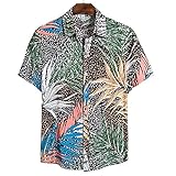 Strandhemd Herren Vintage Mode Druck Regular Fit Atmungsaktiv Herren Shirt Kent-Kragen Knopfleiste Moderner Kurzarm T-Shirt Urlaub Reise Camping Hawaii Herren Freizeitshirt CS123 XXL