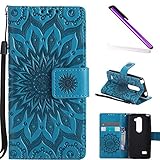 COTDINFOR LG Leon Protective Standing Hülle Elegant PU Tasche Leder Flip Schutzhülle im Bookstyle Kartenfächer Magnet Etui Schale für LG Leon 4G LTE H340N C40 C50 Blue Sunflower KT