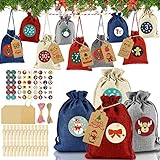 Adventskalender zum Befüllen Groß Stoffbeutel, Hysagtek Weihnachtskalender Tüten Kordelzug Stoffsäckchen Selber Befüllen Kinder mit 1-24 Zahlen Aufkleber, DIY Basteln Weihnachtliche Geschenksäck
