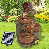 Solar Gartenbrunnen Brunnen Solarbrunnen 4-TONKRÜGE IM BAUMFELS mit LED-Licht Zierbrunnen Wasserfall Gartenleuchte Teichpumpe für Terrasse, Balkon, mit Pumpen, mit Liion-Akk