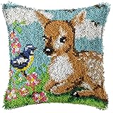 Tiaioang Riegelhaken Kits für Erwachsene Kinder, Hirsch vorgedrucktes Muster Dekokissenbezug Kreuzstich-Kit Sofakissenbezug DIY-Leinwand-Stickerei-Kit Anfänger häkeln Garn Haken B