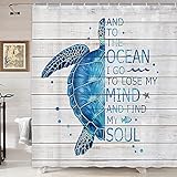 DYNH Duschvorhang mit Meeresschildkröten-Motiv, für Badezimmer, Meeresschildkröte und inspirierende Wörter auf Landhaus-Holzpaneelen, Duschvorhänge, 12 Haken, 177.8 x 177.8