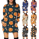 TUDUZ Halloween Damen Hoodie Kleid Pullover Langarm Sweatshirts Kapuzenpullover Tops Herbst Mini Kleid mit Taschen(B-Grün,XL)