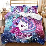 Bettwäsche Set 3D Bettbezug 220 x 240 cm mit 2 Kissenbezug 80 x 80 cm Polyester Weiches Reißverschluss Kinderbettwäsche (Einhorn 8)