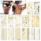 Konsait 12 Blätter Metallic temporäre Tattoos, 150+ Schimmer schwarz Silber Gold temporäre Tätowierung Aufkleber Wasserdicht zigeuner schmuck klebe tattoos für Frauen Mädchen body