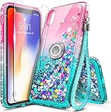 NGB Schutzhülle für iPhone Xs Max mit gehärtetem Glas Displayschutz, Ringhalter/Handgelenkschlaufe, Mädchen Frauen Flüssig Bling Sparkle Fließend Floating Glitter Treibsand Clear Cute Case (Rosa/Aqua)