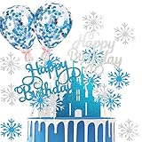 26 Stück Schloss Schneeflocke Tortendeko,Eiskönigin Tortendeko,Happy Birthday Kuchendeko Kuchen Topper Blau Konfetti-Luftballons und Schloss Schneeflocke für Tortendeko Geburtstag,Kuchen dek