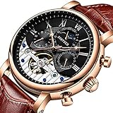 JTTM Herrenuhren Automatische Mechanische Skelettuhren Herren Blaues Lederarmband Uhr wasserdichte Business Herrenarmbanduhren Herren,Rose Brow