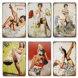 Qumeney Set mit 6 Wandschildern, Vintage, Metall, Sexy Pinup Girl Black Strümpfe, Wanddeko, Wandkunst, für Café, Bar, Pub, Bier, (30 x 20 cm)