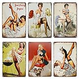 Qumeney Set mit 6 Wandschildern, Vintage, Metall, Sexy Pinup Girl Black Strümpfe, Wanddeko, Wandkunst, für Café, Bar, Pub, Bier, (30 x 20 cm)
