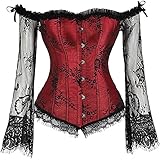 showbest Damen Steampunk Victorian Off Shoulder Korsett Top Korsett mit Off Shoulder Victorian Lace Long Sleeves Bustier Top für Frauen, rot, 50