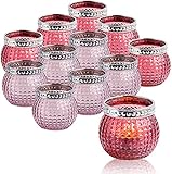 HOMMAX Teelichthalter (12 STK), 5,9x6,6cm Votivkerzenhalter aus Glas mit Silberring, Teelichtgläser rund, Windlicht für Geschenk, Aromatherapie, Hochzeit, Party, Deko, Wohnaccessoire (Rot-Rosa)