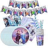 Gxhong Frozen Birthday Party Supplies,Geburtstag Geschirr Kit,52pcs Frozen Partygeschirr Deko Frozen Eiskönigin Party-Set,Anna Elsa Olaf,Teller, Tassen, Papierhandtücher,für Motto-Geburtstag