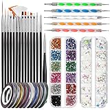 Nail Art Pinsel Set, FANDAMEI 15 Stücke Nagel Pinsel Schwarz, 5 Stk. Dotted Pen, Strasssteine Nägel, Ultra Dünn Nagel Pailletten, 10 Rolle Streifenband Nägel für Nagelkunst Maniküre S