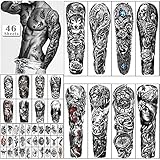 46 Blatt Full Arm Wasserdicht Temporäre Tattoos für Männer, Löwe Tiger Uhr Blume Skelett Tiere Fake Tattoos für Erwachsene Männer und Frauen, Körper Hand Unterarm Schulter 3D Temp Tattoo Aufkleb