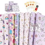 ALTcompluser 8 Blatt Geschenkpapier Kinder Einhorn Set Geschenk Papier Geschenkpapier Geburtstag Wrapping Paper mit 4 Aufklebern Mädchen Junge Weihnachten Geschenkverpackung Geburtstag(70 x 50cm)