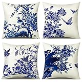 Artscope Samt Kissenbezug Dekorative Super Weich Kissenhülle mit Vintage Blaue Blumen und Vögel Dekokissen für Sofa Bett 45x45cm 4 Stück