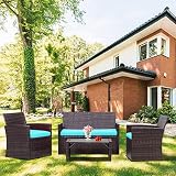 Rattan-Gartenmöbel, 4-Sitzer, Outdoor-Möbel-Set, wetterfest, braunes Rattan, Sofa, Terrasse, Gesprächs-Set mit Kissen, G
