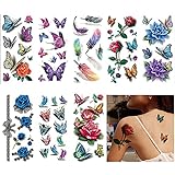TAKUZA Temporäre Tattoos, Tattoo Aufkleber, Feder Fake Tattoos, 8 Blätter 3D Bunt Schmetterling Rose Pflanze Blume Tatoo Sticker Kit M