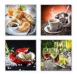 Küchen Bilder Set A schwebend, 4-teiliges Bilder-Set jedes Teil 29x29cm, Seidenmatte Optik auf Forex, moderne Optik, UV-stabil, wasserfest, Kunstdruck für Büro, Wohnzimmer, Deko Bild, Kaffee Obst W