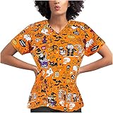 Damen Krankenhaus Schlupfhemd Kurzarm T-Shirt V-Ausschnitt Tops Halloween Oberteile Arbeitsuniform Mit Taschen Krankenschwester Berufsbekleidung Arzt Uniform Kleidung