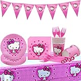 Hello Kitty Party Supplies - Tomicy Thema Hello Kitty Party Geschirr Set 52 Stück Kinder Anime Pappteller, Servietten, Tassen für Hochzeit, Jubiläum Kinder Geburtstag Baby Show