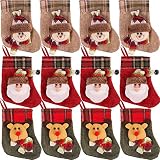 PartyBus Mini-Weihnachtsstrümpfe, 15,2 cm, 12 Stück, kleine rustikale Jute-Weihnachtsdekorationen mit Weihnachtsmann, Schneemann, Rentier, Geschenkkartenhalter für Familie, Hund,