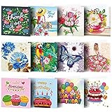 12er Geburtstagskarte Set, Geburtstagskarten Handgefertigte DIY Diamond Painting Grußkarten, Verschiedene Muster Glückwunschkarten Geschenke (# 04)