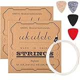 2 Sets von Nylon Ukulele Saiten mit 4 Filz Picks, Saiten sind Weiß, Picks sind Gelb, Grau, Schwarz, R