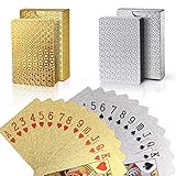 Joyoldelf 2 Stück Spielkarten, Wasserfeste Pokerkarten mit Geschenkbox,Familienparty Spiel Playing Cards (Goldfolie & Silberfolie)