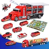 lenbest 10 in 1 Feuerwehrauto Rettungsfahrzeug Autos Spielzeug, Kleines Spielzeugauto Set mit Musik, Licht und 76 * 52 cm Stadtplan, Spielzeugfahrzeugautos Pädagogisches Geschenk für Kinder Alter 3+