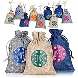 YuQSpace Adventskalender zum Befüllen, 24 Adventskalender Säckchen zum Befüllen, Selbstbefüllen Weihnachtskalender Tüten Stoffbeutel mit 48 Aufkleber, Mini-Holzklammern und 10m Hanfseile fü