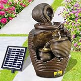 Solar Gartenbrunnen Brunnen Solarbrunnen 4-AMPHOREN mit LED-Licht, Zierbrunnen Wasserfall Gartenleuchte Teichpumpe für Terrasse, Balkon, mit Pump