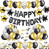 iZoeL Schwarz Gold Geburtstag Deko 18 21 30 40 50 Zahlenballon Happy Birthday Banner 24 Konfetti Ballons 2 Vorhänge 10g Konfetti für Mann Frau (Schwarz Gold ohne Zahl)