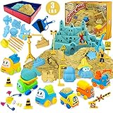 Magic Sand Kit - Spielsand Baukasten 3lbs Sand mit 2 Farben, 6 Mini Baufahrzeuge, Bauspielzeug und Schilder, Tierform, Modellierwerkzeuge, Faltbarer Sandkasten mit sauberen Set für Jungen M