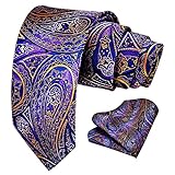 Paisley Herren Krawatte Set, Seidenkrawatten mit Einstecktuch für Männer gewebt Klassisch Herren Floral Krawatte Taschentuch Set Party Business, Violett/Gold, Einheitsgröß