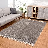 carpet city Hochflor Teppich Wohnzimmer - Einfarbig Anthrazit - 80x150 cm - Shaggyteppich Langflor - Kettfäden - Schlafzimmerteppich Flauschig Weich - Moderne Wohnzimmertepp