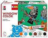 Marabu 0306000000002 - Kids Window Color Dschungel mit 6 x 25 ml Farbe, Malvorlage A3 mit 18 Motiven und Folie A4, Fenstermalfarbe auf Wasserbasis, geeignet für Glas, Spiegel, Fliesen und F