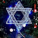 9,8 Zoll Chanukah Stern Weihnachtsbaum Topper LED Rattan Stern Weihnachtsbaum Stern Topper 3D Baumkrone Stern Deko Stern Baum Topper für Chanukka Weihnachten Diwali (Silber mit Blauem Licht)