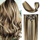 VARIO Echthaar Clip in Extensions Balayage #4P613 Mittelbraun bis Blonde Strähnchen 70G 7PCS Extensions Echthaar Clip für Frauen (12 Zoll/30CM)