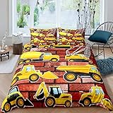 Bettwäsche 200x200 Kinderkarikatur-Engineering-LKW, Winter Weich Kuschelige Mikrofaser Bettwäsche-Sets, 1 x Bettbezug mit 2 x Kissenbezug 80x80 cm mit Reiß