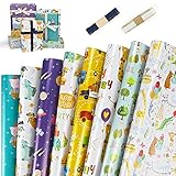 Geschenkpapier Set, 8 Stück Geburtstag Geschenkpapier für Kinder mit 2 Rolle Band, Niedlicher Tierentwurf Geschenkverpackung Papier für Geburtstag/Weihnachten/Valentinstag/Party/Babyparty(70 x 50cm)