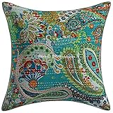 DK Homewares Traditionell indisch Grün Kantha gedruckt Kissenhülle 40x40 cm Weihnachten Zuhause dekorativ Baumwolle 16x16 Zoll Paisley ausgefallene Kissenbezüge Einzel stück (Meeresgrün) - 1