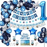 1. Geburtstag Dekorationen Junge, Ersten Geburtstag Girlande Foto Banner,Happy Birthday Girlande Ballons Banner, Luftballons Blau,Deko 1 Geburtstag,Geburtstagsdeko Jungen,Babyparty Dek