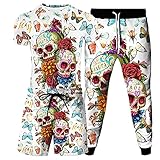 URVIP Herren Strandshorts T-Shirt 3-Teiliges Set 3D Halloween Schädel Druck Kurzarm Sommer Beiläufige Herren T-Shirt Tops Tees Badeshort Sporthose Sportswear Multi-16 3XL